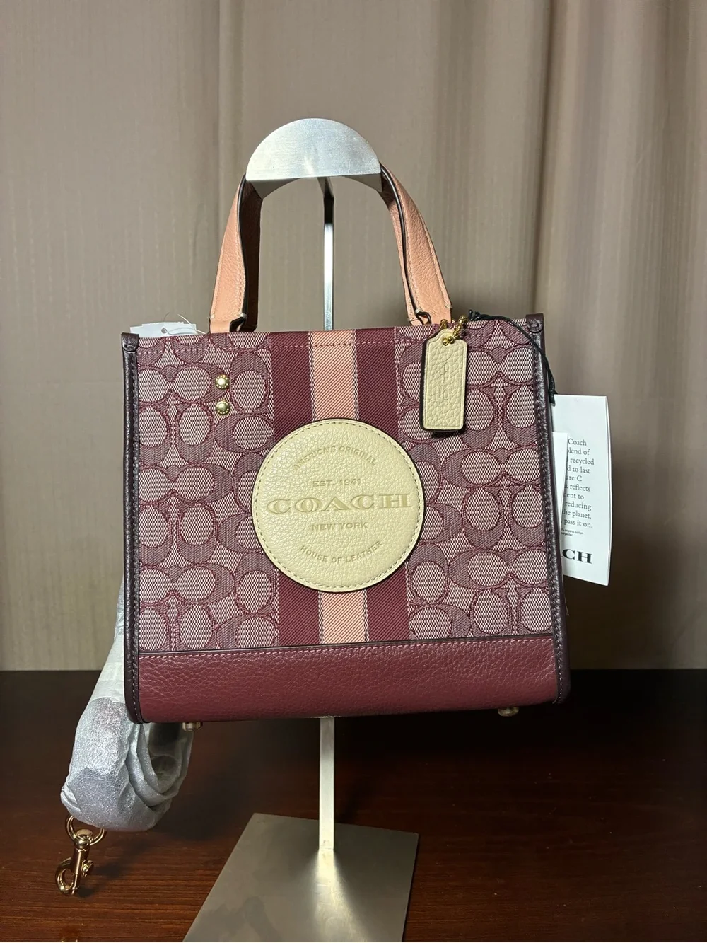 Coach Dempsey Signature Canvas Burgundy and Pink Stripe Tote